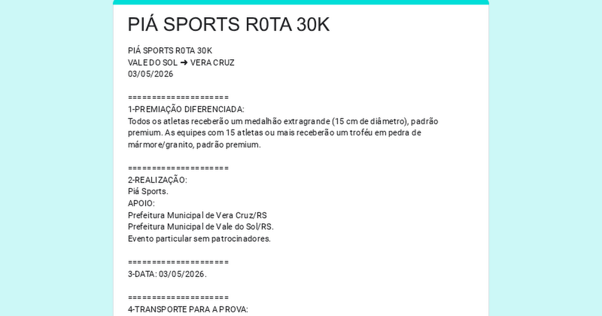 Piá Sports Rota 30k – corrida em Vera Cruz
